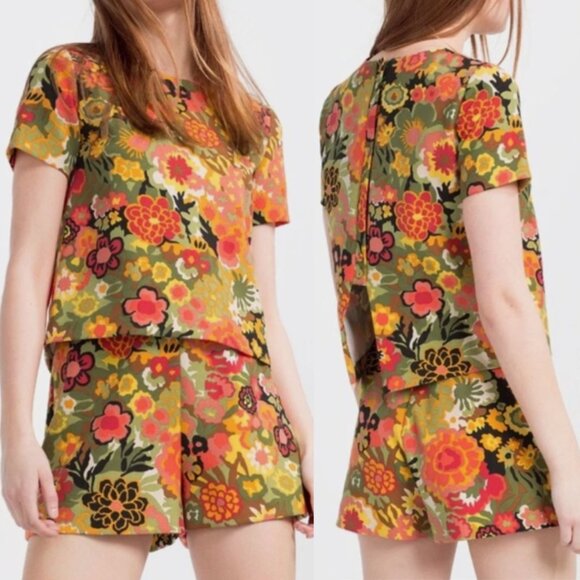 Zara Pants - Zara Trafaluc Floral Romper in Green & Orange Small